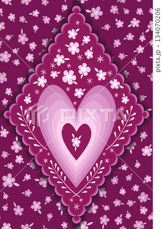 Flowers vertical greeting card. Rhombic design element on flowers background. Romantic red pink decor. Floral ornament on delicate red Flowers vertical greeting card. Rhombic design element on flowers background. Romantic red pink decor. Floral ornament on delicate red 134070206