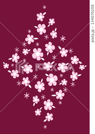 Pink flowers greeting card. Floral rhombus on red background. Rhombic design element with many small flowers. Romantic red pink decor 134070208