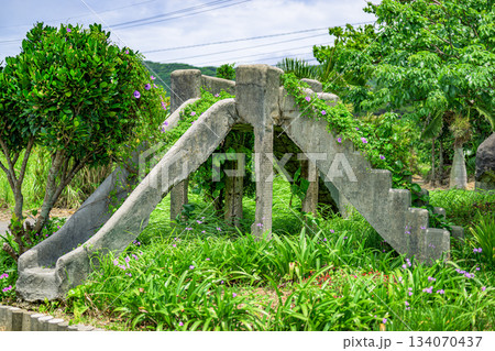 緑に包まれた石垣市久宇良の開拓碑公園に残る古い滑り台 134070437