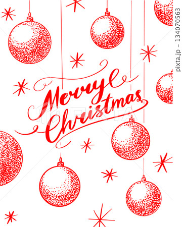 Christmas gift card. Merry cristismas concept with red balls. Hand drawn elements in dot work style 134070563