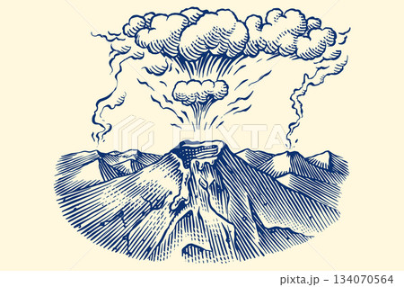 Volcano eruption or explosion sample icon design for inspiration. Hand drawn woodcut or engraved 134070564