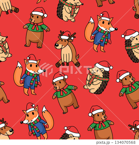 Christmas seamless pattern with a cute fox and deer with hedgehog in clothes. Animal character for 134070568
