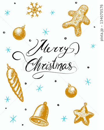 Christmas gift card. Merry cristismas concept with ginger bread and decoration elements. Hand drawn Christmas gift card. Merry cristismas concept with ginger bread and decoration elements. Hand drawn 134070576