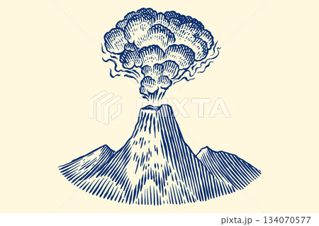 Volcano eruption or explosion sample icon design for inspiration. Hand drawn woodcut or engraved Volcano eruption or explosion sample icon design for inspiration. Hand drawn woodcut or engraved 134070577