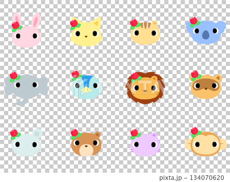 Animal face icon set decorated with tulips 134070620