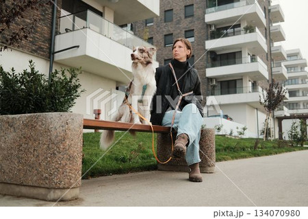 A woman sits on an outdoor bench with her border collie, both looking forward in a calm urban setting. The concept highlights companionship, routine, and peaceful city living together with a pet 134070980