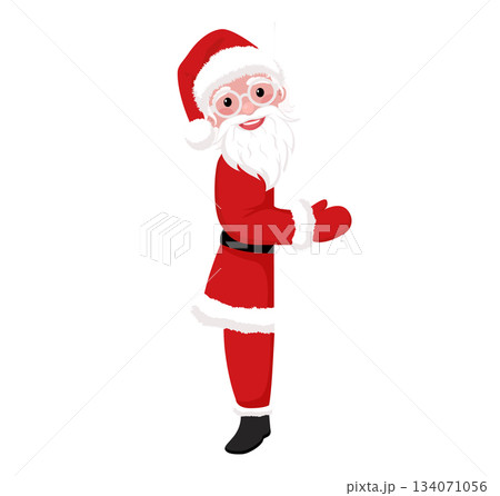 Cute Santa popping out from a clean empty panel. Perfect for Christmas marketing, joyful messages, and festive illustrations. 134071056