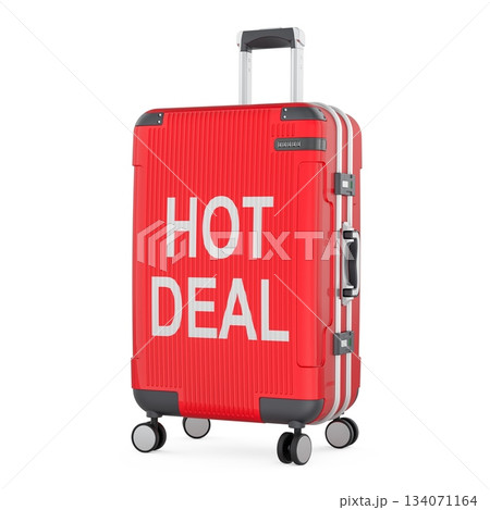 Hot deal, travel discount concept with red suitcase. 3D rendering 134071164