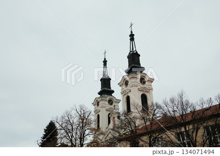 Tall church spires in Sremski Karlovci, Serbia, rising above bare trees and rooftops. A concept of faith, heritage, and European architecture 134071494