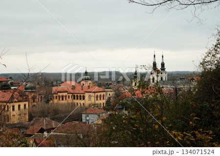 Twin church towers and historic yellow architecture framed by autumn branches. The composition highlights heritage, culture, and city identity. Sremski Karlovci town in Serbia in autumn season 134071524