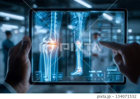 A healthcare professional points to an X-ray of a leg displayed on a tablet in a well-lit clinic. The patient observes the leg details attentively. 134071532