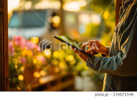 A person is using a tablet to sign a delivery receipt outside. The scene features vibrant flowers and lush greenery as the sun sets in the background, creating a warm atmosphere. 134071546