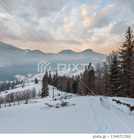 Sunrise winter Carpathian mountain village Zelene outskirts, Verkhovyna, Ukraine Sunrise winter Carpathian mountain village Zelene outskirts, Verkhovyna, Ukraine 134071768