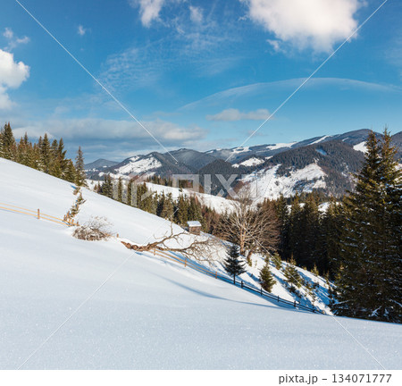 Winter mountain rural snow covered hill slope Winter mountain rural snow covered hill slope 134071777