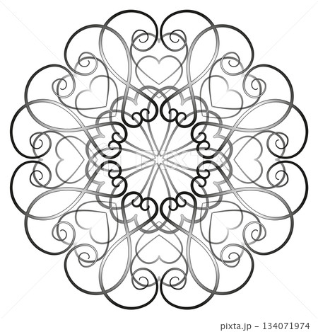Fantasy round ornament with hearts. Black gradient ethnic pattern on white background. Geometry ornate mandala. Monochrome design of swirl Fantasy round ornament with hearts. Black gradient ethnic pattern on white background. Geometry ornate mandala. Monochrome design of swirl 134071974
