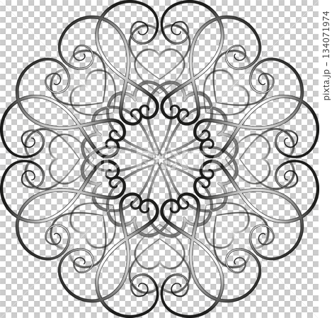 Fantasy round ornament with hearts. Black gradient ethnic pattern on white background. Geometry ornate mandala. Monochrome design of swirl Fantasy round ornament with hearts. Black gradient ethnic pattern on white background. Geometry ornate mandala. Monochrome design of swirl 134071974