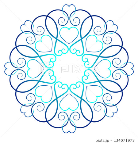 Blue gradient ethnic ornament on white background. Fantasy mandala in shades of blue. Graceful lace of swirl. Geometry round ornament with hearts. Blue gradient ethnic ornament on white background. Fantasy mandala in shades of blue. Graceful lace of swirl. Geometry round ornament with hearts. 134071975