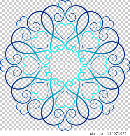 Blue gradient ethnic ornament on white background. Fantasy mandala in shades of blue. Graceful lace of swirl. Geometry round ornament with hearts. Blue gradient ethnic ornament on white background. Fantasy mandala in shades of blue. Graceful lace of swirl. Geometry round ornament with hearts. 134071975