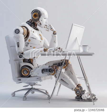 White humanistic robot sits at desk working on computer. Concept of automation and artificial intelligence taking over jobs traditionally held by people White humanistic robot sits at desk working on computer. Concept of automation and artificial intelligence taking over jobs traditionally held by people 134072046