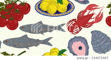 seamless pattern with seafood, fish and sea fish 134072097