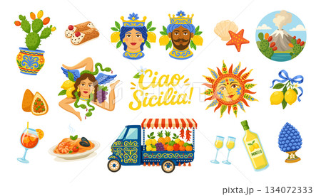 Iconic Sicily symbols like sun, ceramics, volcano, fruit cart, Trinacria, lemons and wine 134072333