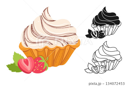 Cream dessert with whipped vanilla cream short crust pastry strawberry hand drawn symbol cartoon set Cream dessert with whipped vanilla cream short crust pastry strawberry hand drawn symbol cartoon set 134072453
