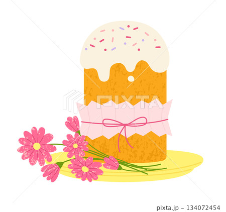 Easter cake and flowers for Happy Easter postcard holiday bakery cute sweet bread icing sweet pastry Easter cake and flowers for Happy Easter postcard holiday bakery cute sweet bread icing sweet pastry 134072454