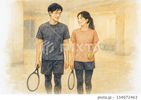 夜の室内でスポーツの準備をする日本人カップル 134072463