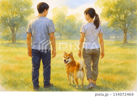芝生で遊ぶ日本人カップルと柴犬の穏やかなレクリエーション 134072469