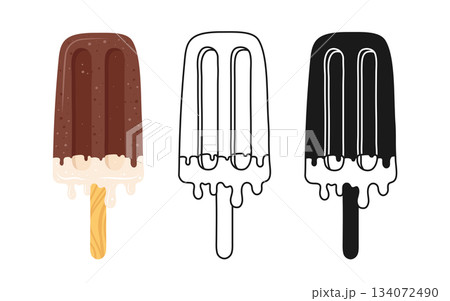 Ice cream symbol cartoon set melting dripping cream on stick chocolate glaze vector illustration Ice cream symbol cartoon set melting dripping cream on stick chocolate glaze vector illustration 134072490