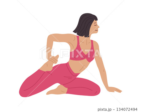 Woman practicing yoga Pilates exercise cartoon illustration girl leg muscle stretching relaxed pose Woman practicing yoga Pilates exercise cartoon illustration girl leg muscle stretching relaxed pose 134072494