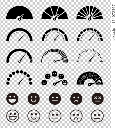 Set of emoticons and speedometers. Tachometer. Customer satisfaction, score, rating icons. 134072567