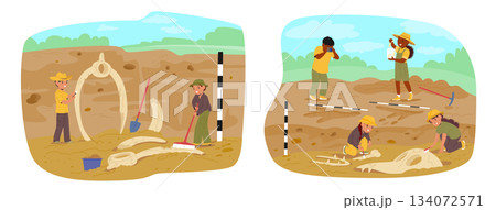 Cute school children playing archaeologists and paleontologists engaging in study and excavation 134072571