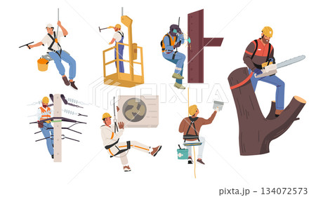 Industrial climbers workers cartoon characters using height safety equipment isolated set on white Industrial climbers workers cartoon characters using height safety equipment isolated set on white 134072573