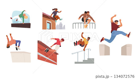 Young brave parkour sportsman and sportswoman characters enjoying outdoor extreme city sport 134072576