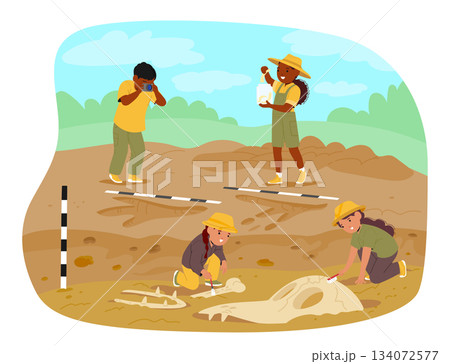 Little boys and girls enthusiastically exploring fossils playing archaeologists and paleontologists 134072577
