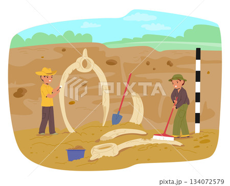 Little children playing archaeologists and paleontologists engaged in history imaginative discovery 134072579