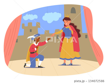 Cute children engaged in theatrical arts enjoying artistic after-school activities cartoon scene 134072586
