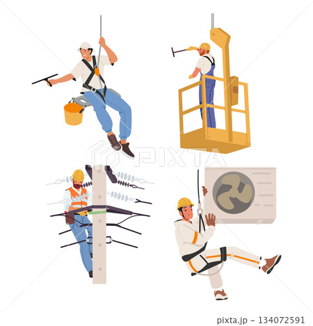 Industrial climbers cartoon characters performing high-access work with professional height safety 134072591