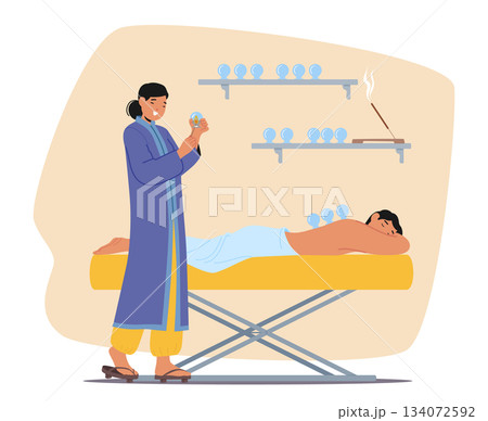 Woman master applying cupping therapy representing traditional Eastern alternative medicine 134072592
