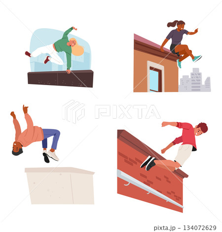 Teenage guys cartoon character performing outdoor parkour and free running extreme city sports 134072629