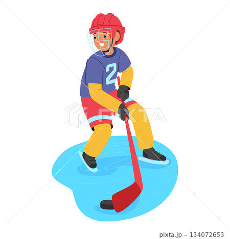 Schoolchild hockey player cartoon character playing match enjoying winter sports hobby recreation Schoolchild hockey player cartoon character playing match enjoying winter sports hobby recreation 134072653