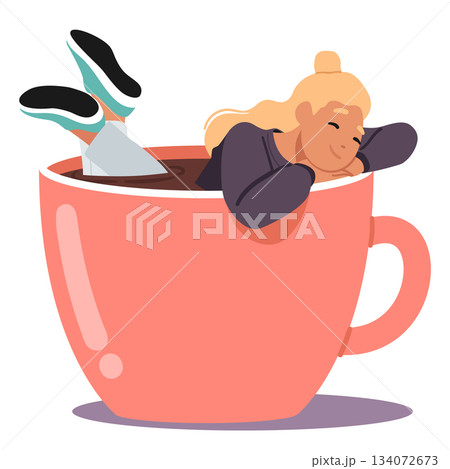 Happy relaxed young woman cartoon character swimming in huge cup of coffee isolated on white Happy relaxed young woman cartoon character swimming in huge cup of coffee isolated on white 134072673