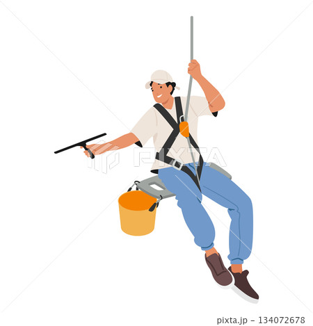 Professional high-rise window cleaner male cartoon character performing city job role skillfully 134072678