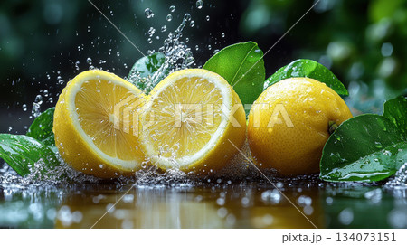 Lemon Slices Splashing in Water on Black Background. Juicy lemon slices captured mid-splash in clear water over black background, showcasing freshness, citrus energy, and dynamic movement. 134073151