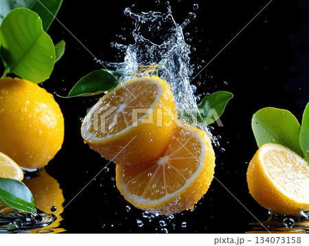 Lemon Slices Splashing in Water on Black Background. Juicy lemon slices captured mid-splash in clear water over black background, showcasing freshness, citrus energy, and dynamic movement. 134073158