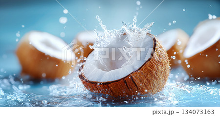 Coconuts Splash on Tropical Beach Background, Water splashing from a coconut, tropical background, blue sky, fresh and delicious coconuts Coconuts Splash on Tropical Beach Background, Water splashing from a coconut, tropical background, blue sky, fresh and delicious coconuts 134073163