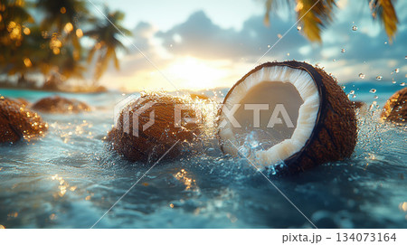 Coconuts Splash on Tropical Beach Background, Water splashing from a coconut, tropical background, blue sky, fresh and delicious coconuts Coconuts Splash on Tropical Beach Background, Water splashing from a coconut, tropical background, blue sky, fresh and delicious coconuts 134073164