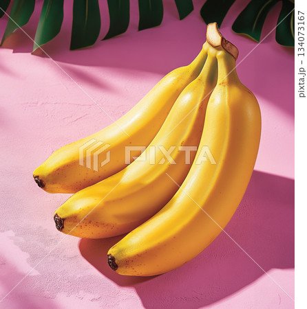 3D rendering banana the skin open, pink background, vibrant bunch ripe yellow bananas placed on bright pink textured background with tropical palm leaves casting shadows 3D rendering banana the skin open, pink background, vibrant bunch ripe yellow bananas placed on bright pink textured background with tropical palm leaves casting shadows 134073167