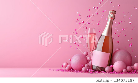 Festive background with Christmas and New Year. Bottle of champagne and sparkles pink background. Celebration banner concept. Festive background with Christmas and New Year. Bottle of champagne and sparkles pink background. Celebration banner concept. 134073187